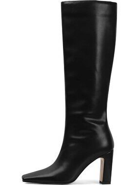 Women's Black Square Toe Chunky Heeled Boots with Side Zipper Tall Boots